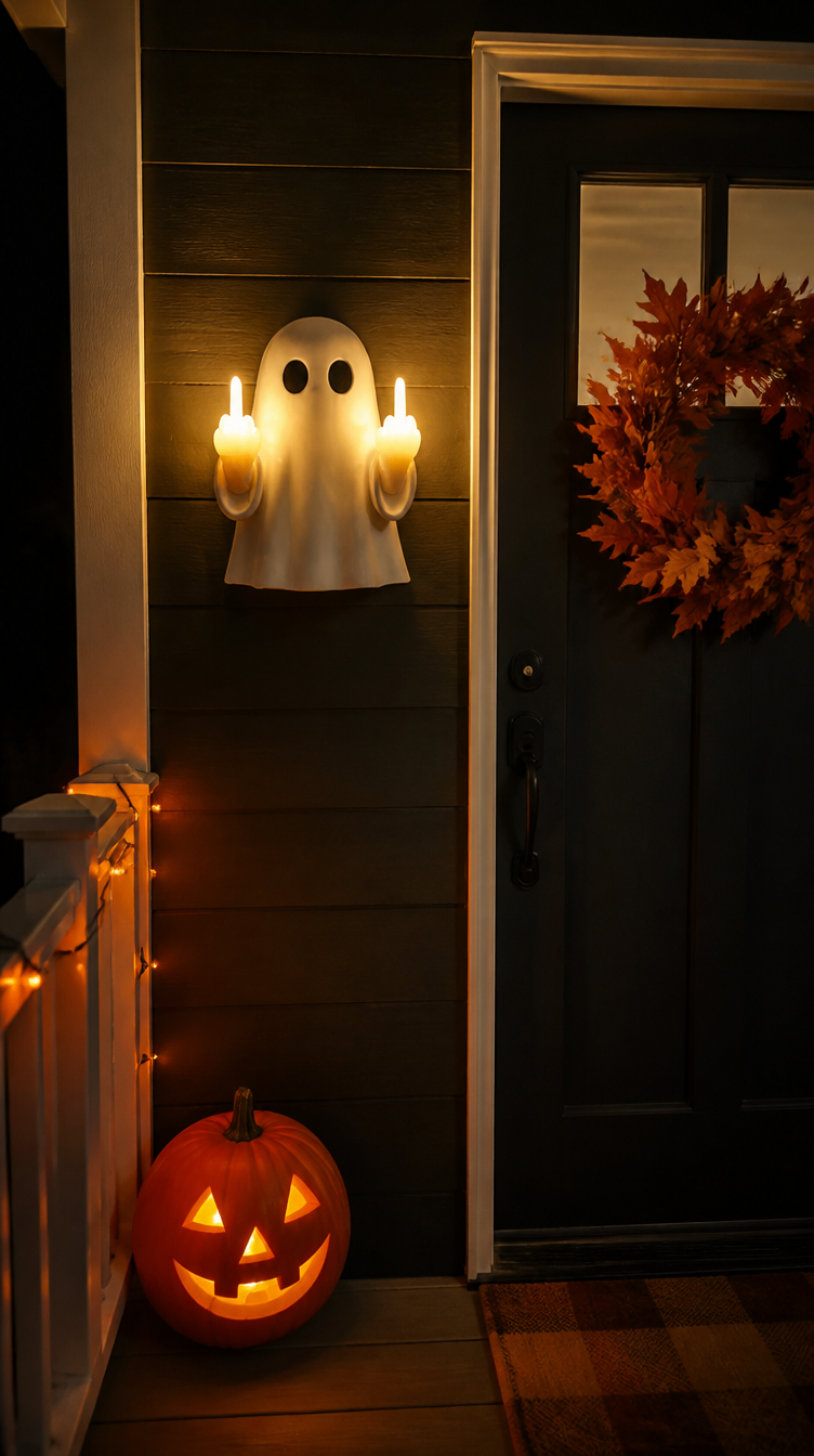 Boo Ghost middle finger night light glowing on porch with jack-o-lantern