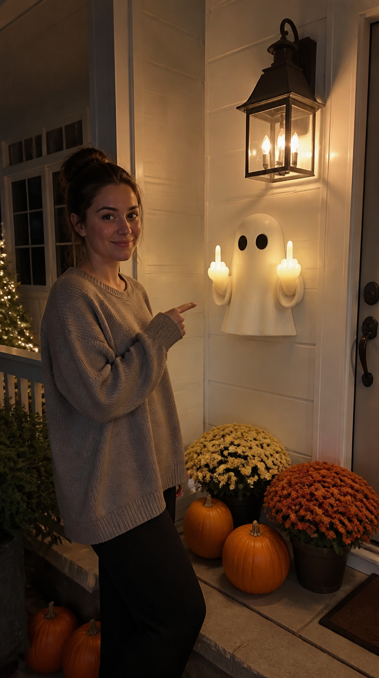 Woman pointing at Boo Ghost night light on Halloween porch