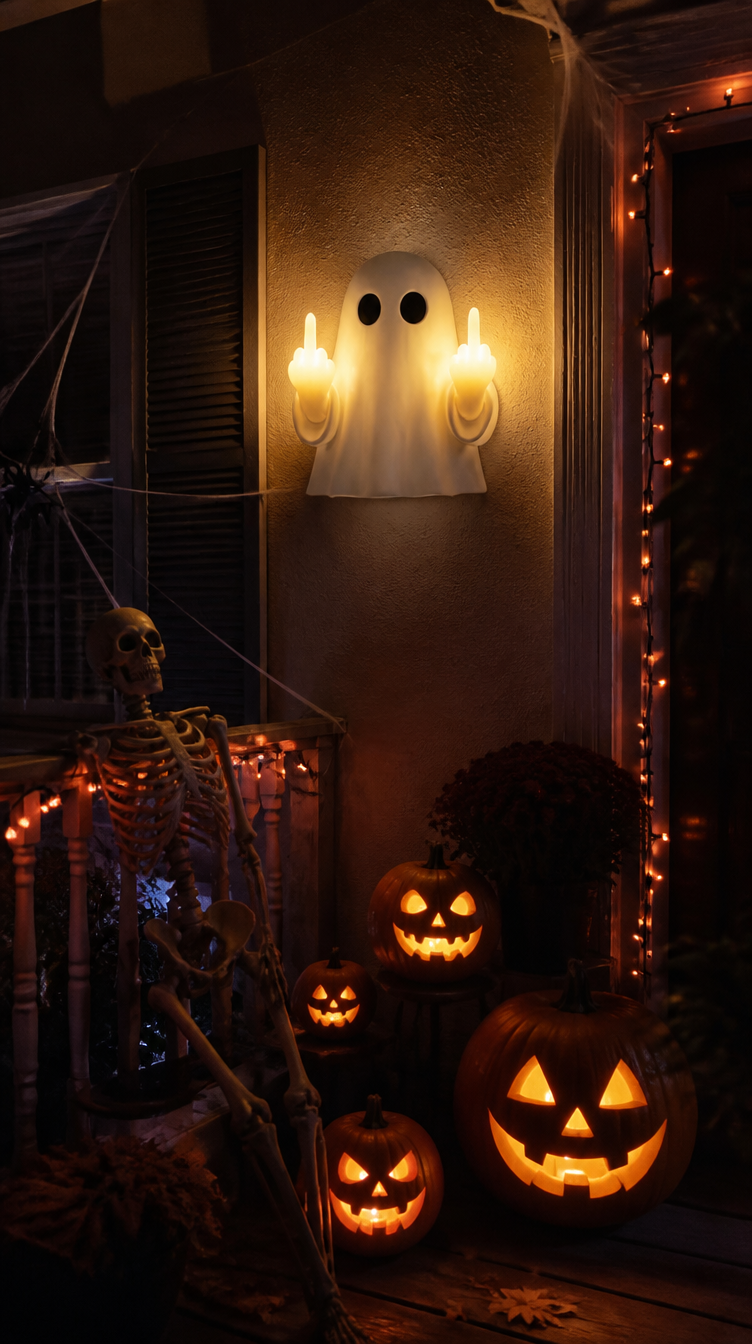 Boo Ghost night light on decorated Halloween porch with skeleton and pumpkins