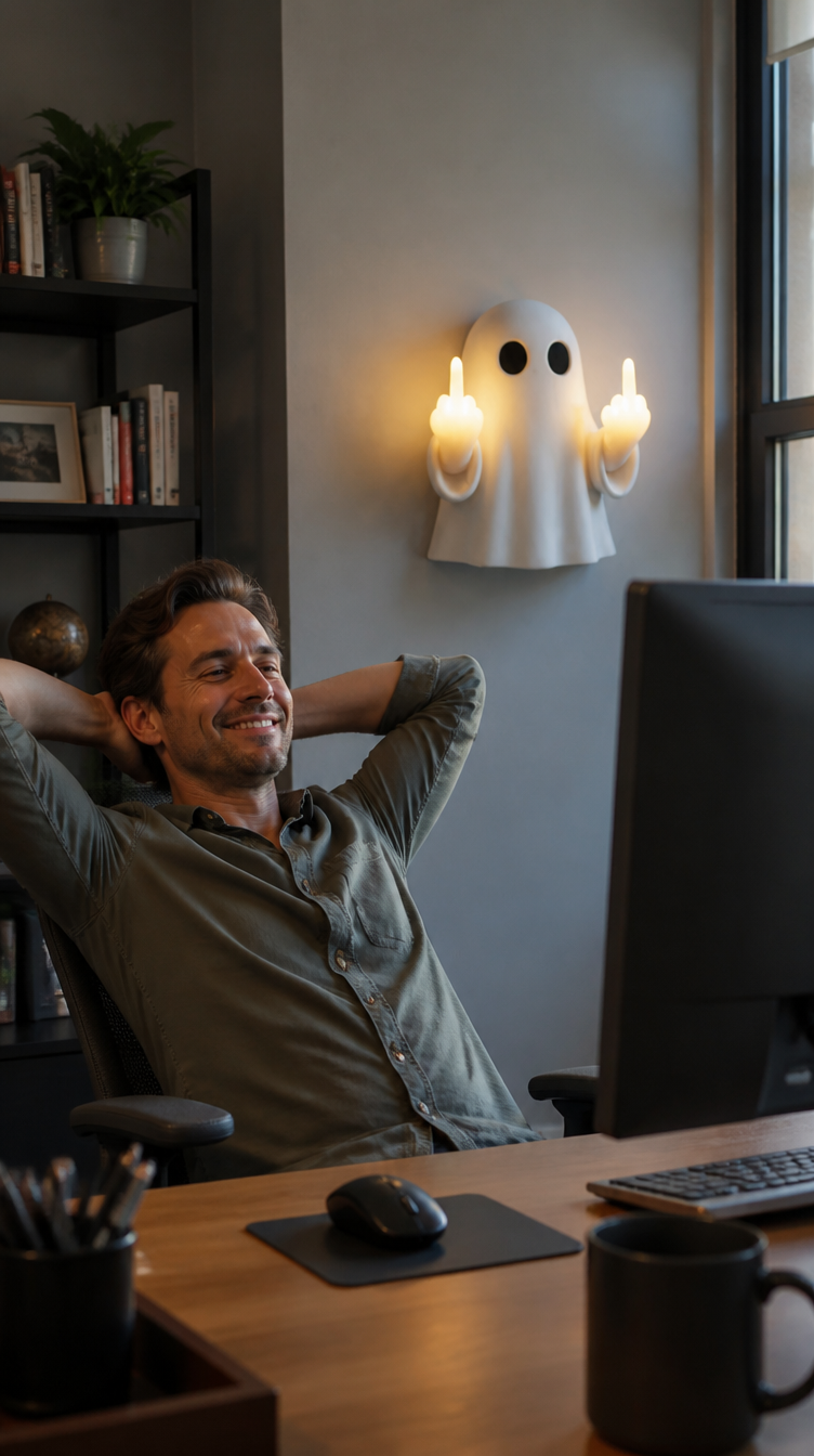 Man relaxing at office desk with Boo Ghost night light on wall